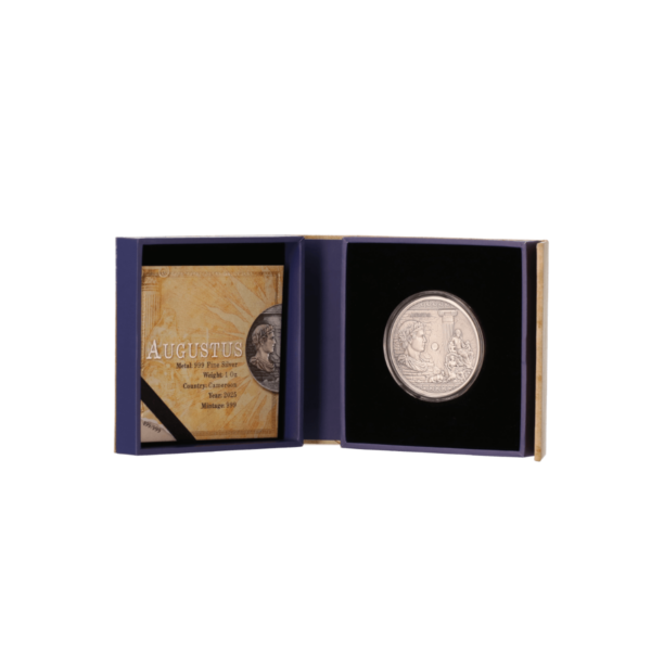 Open Box for the 2025 Cameroon Masters of Empires Augustus 1 oz Silver Antiqued Coin