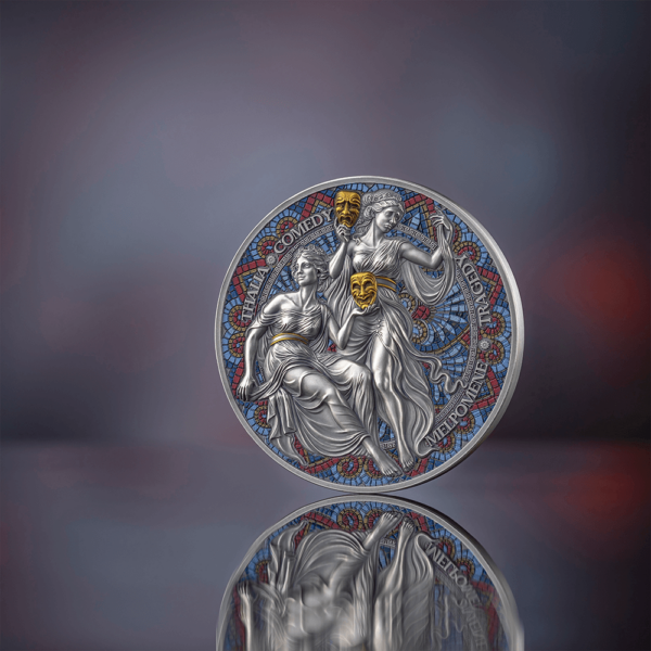 2025 Cameroon Nine Muses Melpomene and Thalia 2 oz Silver Antiqued Coin - Image 3
