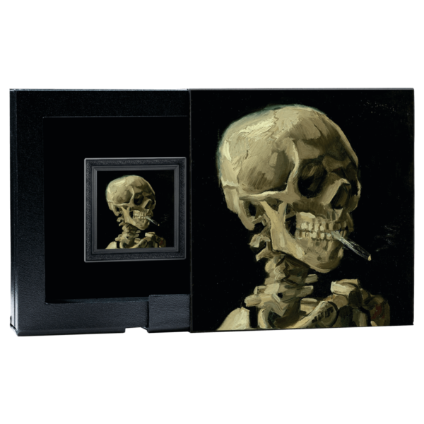 Open package of the 2025 Cameroon Vincent Van Gogh Skull of Skeleton with Burning Cigarette 1 oz Silver Coin