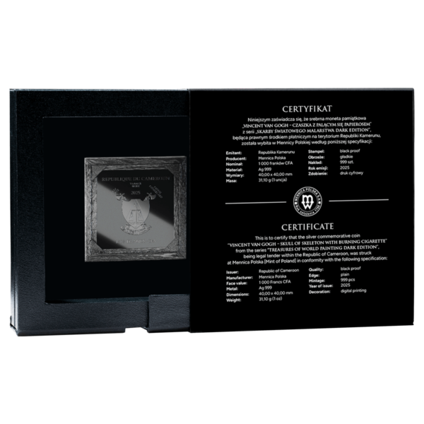 Back of packaging for the 2025 Cameroon Vincent Van Gogh Skull of Skeleton with Burning Cigarette 1 oz Silver Coin