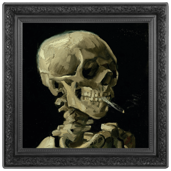 Front of the 2025 Cameroon Vincent Van Gogh Skull of Skeleton with Burning Cigarette 1 oz Silver Coin