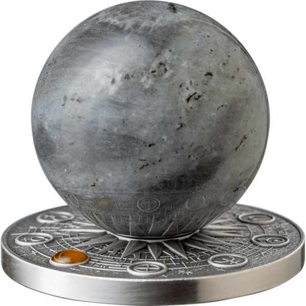2025 Ghana Solar System Moon 2 oz Silver Antiqued Labradorite Spherical Coin