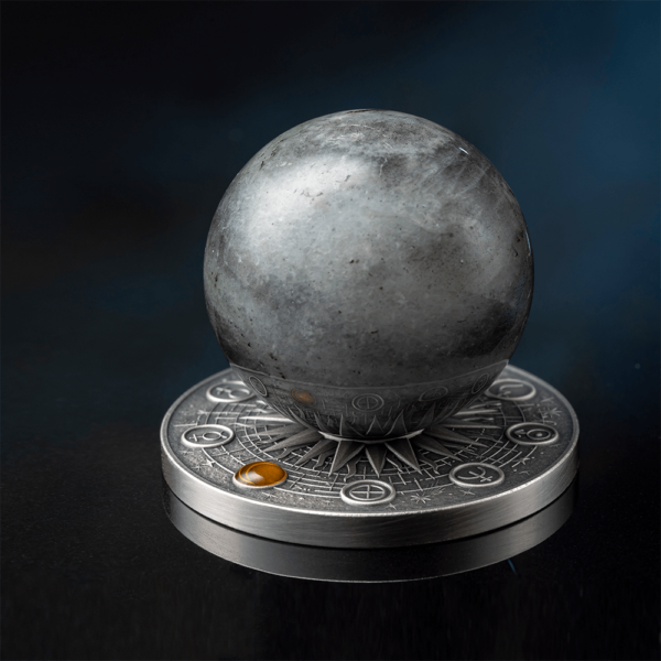 2025 Ghana Solar System Moon 2 oz Silver Antiqued Labradorite Spherical Coin - Image 4