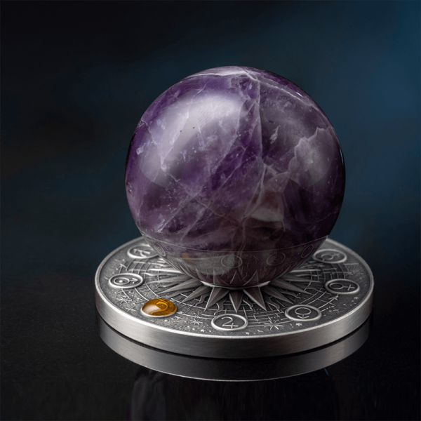 2025 Ghana Solar System Saturn 2 oz Silver Antiqued Amethyst Spherical Coin - Image 4