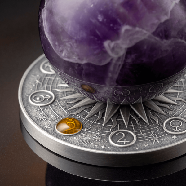 2025 Ghana Solar System Saturn 2 oz Silver Antiqued Amethyst Spherical Coin - Image 5