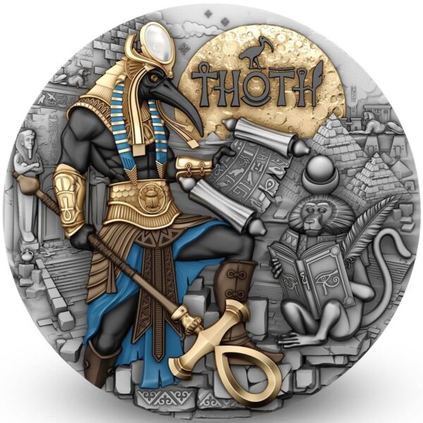The front of the 2025 Niue Echoes of Egypt Thoth 2 oz Silver Antiqued Gilded Coin