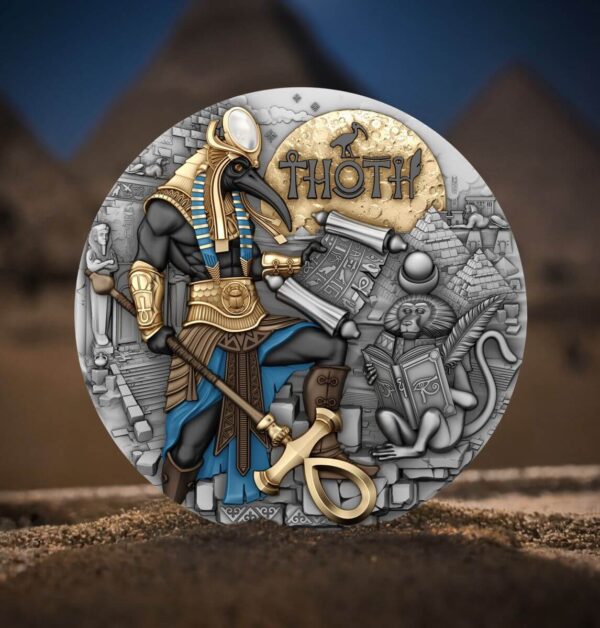 Front of the 2025 Niue Echoes of Egypt Thoth 2 oz Silver Antiqued Gilded Coin