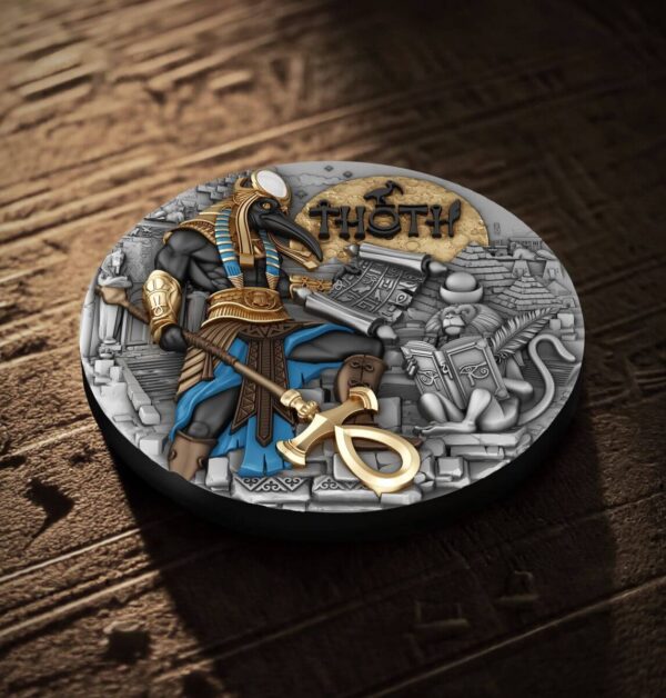 Side of the 2025 Niue Echoes of Egypt Thoth 2 oz Silver Antiqued Gilded Coin