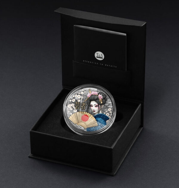 Open box for the 2025 Niue Geisha 2 oz Silver Antiqued Gilded High Relief Coin