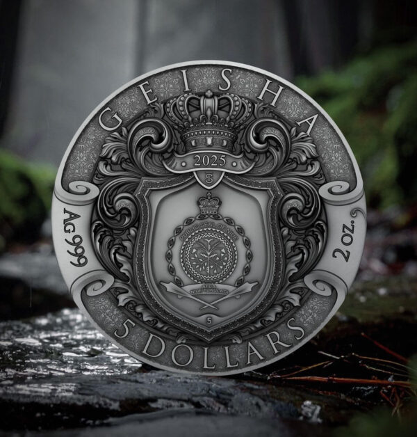 Social media image of the back of the 2025 Niue Geisha 2 oz Silver Antiqued Gilded High Relief Coin