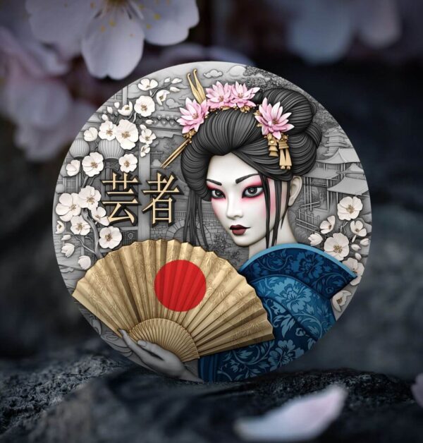 Social media image of the front of the 2025 Niue Geisha 2 oz Silver Antiqued Gilded High Relief Coin