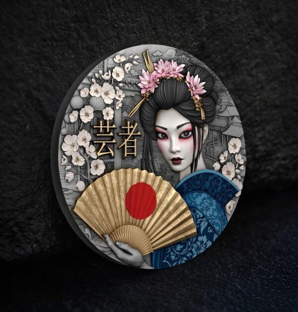 Social media image of the front of the 2025 Niue Geisha 2 oz Silver Antiqued Gilded High Relief Coin