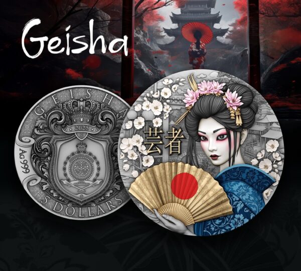 Front and Back of the 2025 Niue Geisha 2 oz Silver Antiqued Gilded High Relief Coin