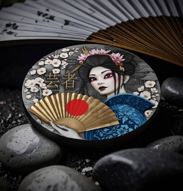Social media image of the side of the 2025 Niue Geisha 2 oz Silver Antiqued Gilded High Relief Coin
