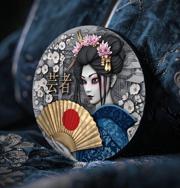 Social media image of the side of the 2025 Niue Geisha 2 oz Silver Antiqued Gilded High Relief Coin