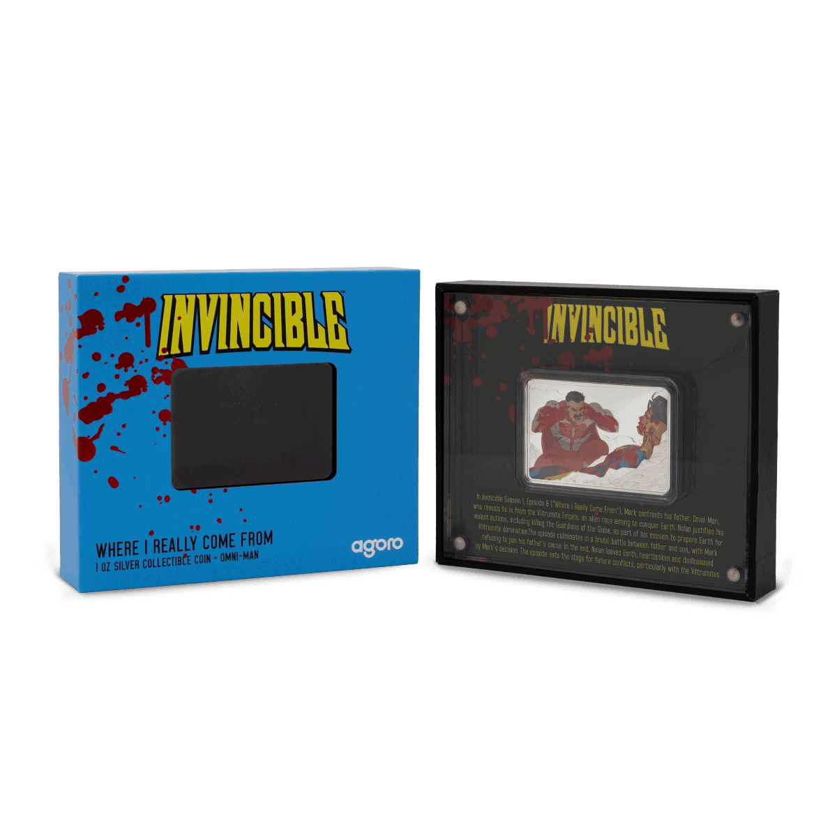 Open box for the 2025 Niue Invincible Iconic Episodes Where I Really Come From Omni-Man 1 oz Silver Coin.