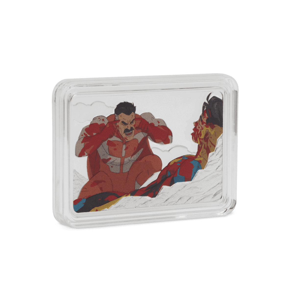 Side view in capsule of the 2025 Niue Invincible Iconic Episodes Where I Really Come From Omni-Man 1 oz Silver Coin.