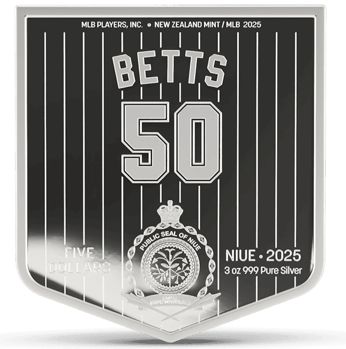Back of the 2025 Niue Major League Baseball Players Series Mookie Betts 3 oz Silver Colorized Proof Coin.