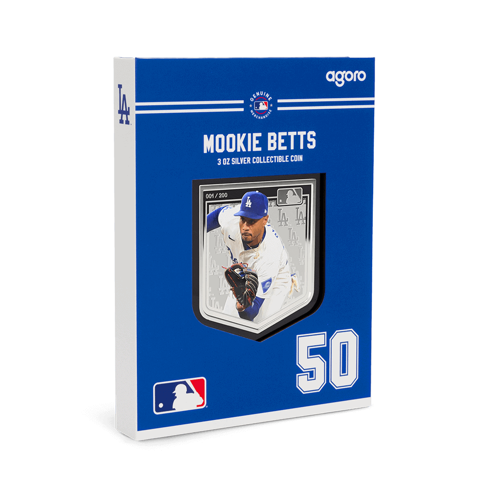 Side of the box of a 2025 Niue Major League Baseball Players Series Mookie Betts 3 oz Silver Colorized Proof Coin