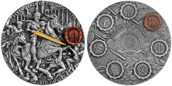 Front and back for the 2025 Niue Seven Seals of the Apocalypse Red Horse 3 oz Silver High Relief Coin