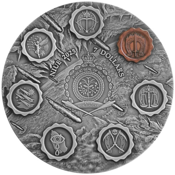 Back of the 2025 Niue Seven Seals of the Apocalypse Red Horse 3 oz Silver High Relief Coin