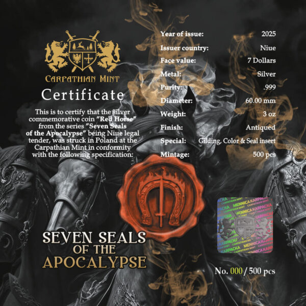 Cert for the 2025 Niue Seven Seals of the Apocalypse Red Horse 3 oz Silver High Relief Coin