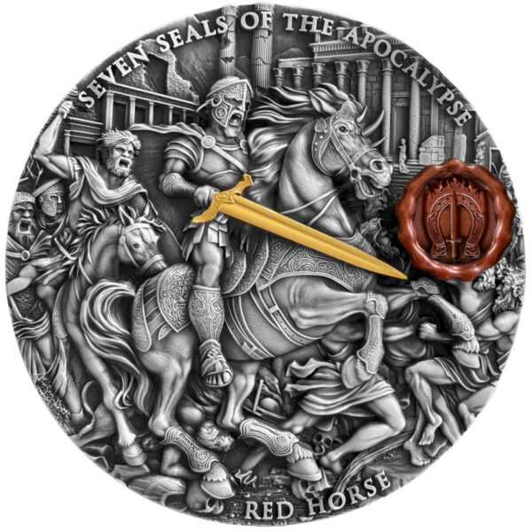 Front of the 2025 Niue Seven Seals of the Apocalypse Red Horse 3 oz Silver High Relief Coin