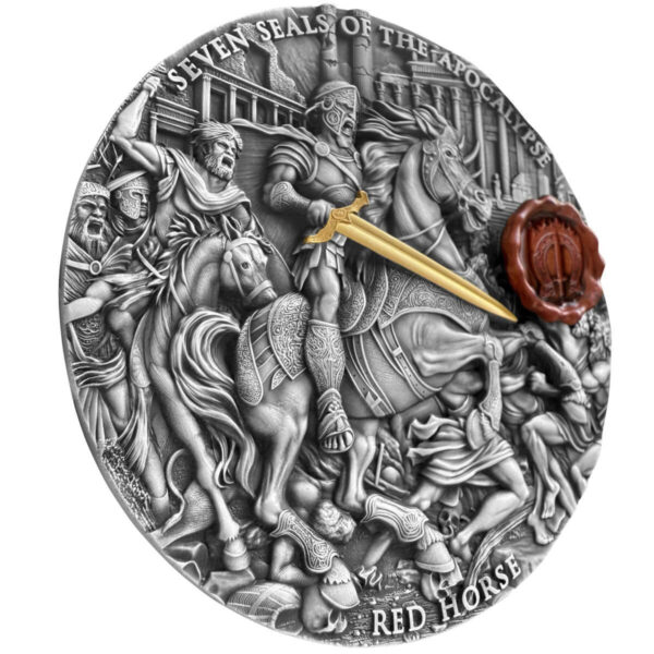 Side of the 2025 Niue Seven Seals of the Apocalypse Red Horse 3 oz Silver High Relief Coin