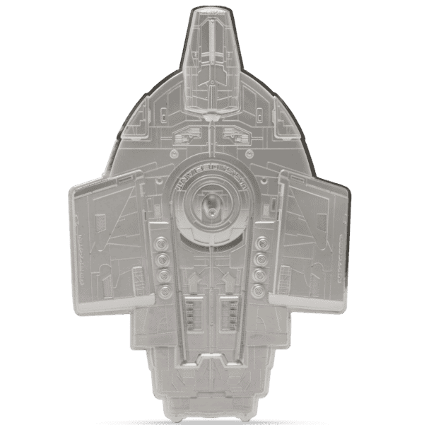 Front of the 2025 Niue Star Trek U.S.S. Defiant NX-74205 Ships 3 oz Silver Shaped Proof Coin.