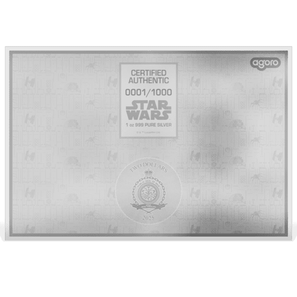Reverse side of the 2025 Niue Star Wars Blueprint Luke Skywalker’s Lightsaber 1 oz Silver Foil, featuring the Public Seal of Niue and official denomination.