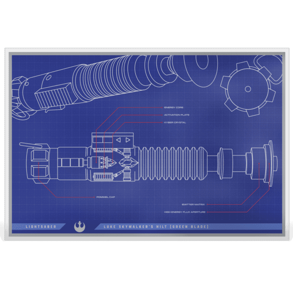 Front view of the 2025 Niue Star Wars Blueprint Luke Skywalker’s Lightsaber 1 oz Silver Foil, featuring intricate technical engravings of the iconic green lightsaber.