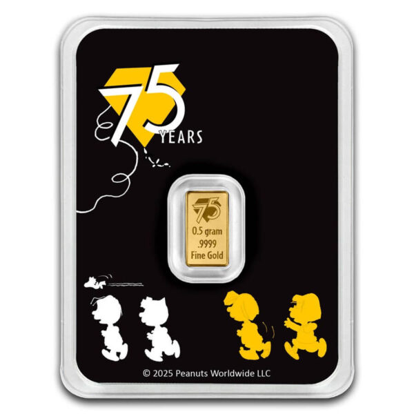 2025 Peanuts Snoopy 75th Ann. 1/2 Gram Gold BU Bar in Card - Image 2