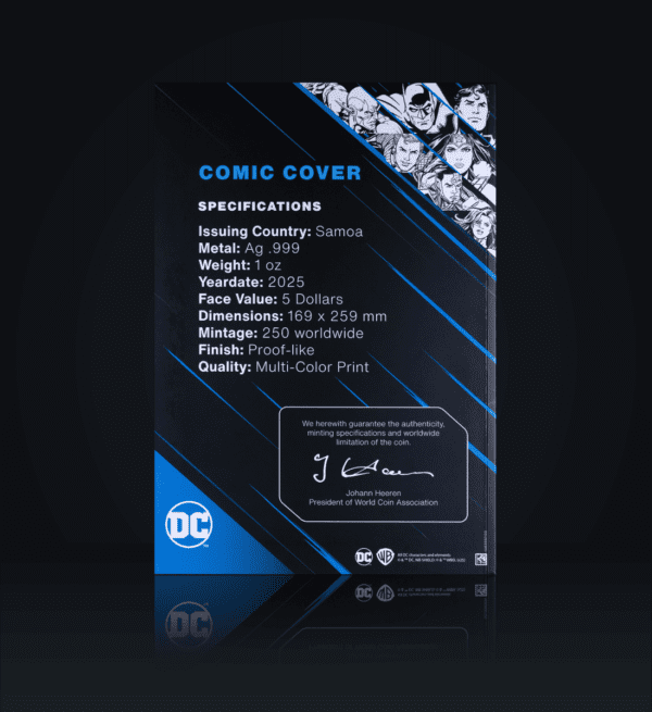 Back of the box for the 2025 Samoa DC Comics Batman #423 Iconic Covers 1 oz Silver Colorized Foil.