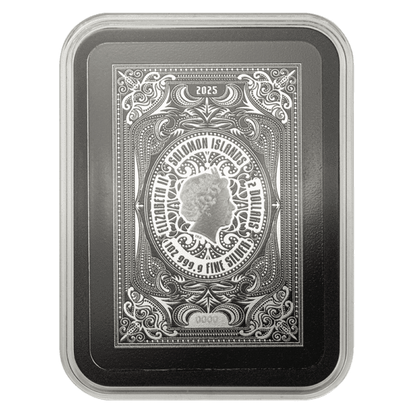 Back in capsule of the 2025 Solomon Islands Royal Flush King of Spades 1 oz Silver Colorized Shaped Coin