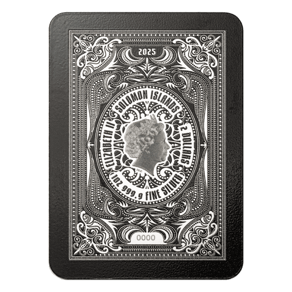 Back of the 2025 Solomon Islands Royal Flush King of Spades 1 oz Silver Colorized Shaped Coin