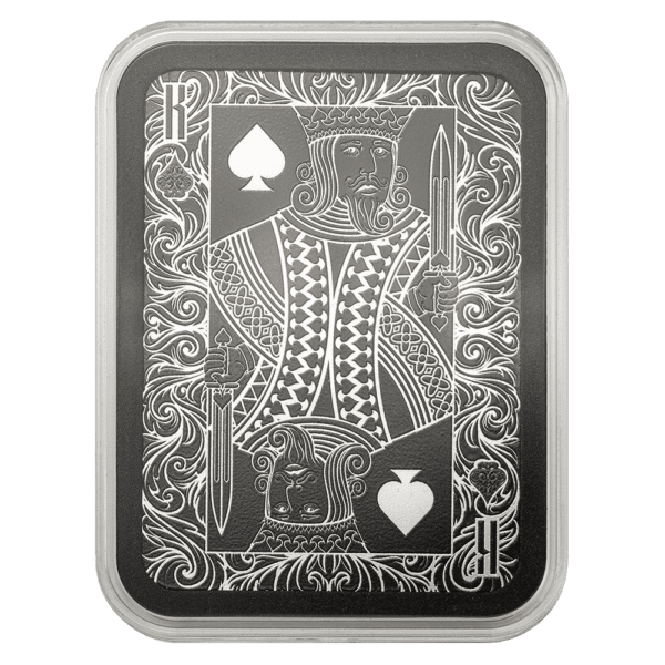 Front in a capsule of the 2025 Solomon Islands Royal Flush King of Spades 1 oz Silver Colorized Shaped Coin