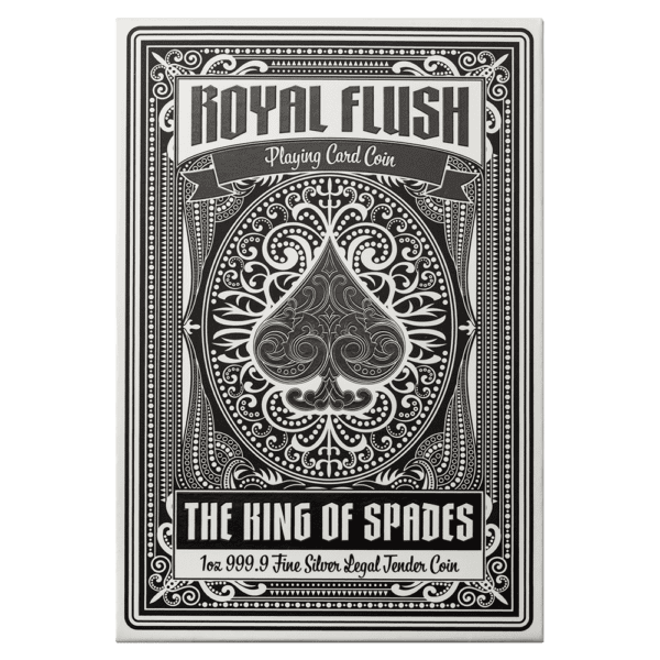 Front of the box for the 2025 Solomon Islands Royal Flush King of Spades 1 oz Silver Colorized Shaped Coin