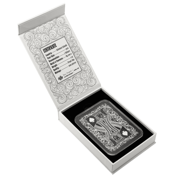 Open Side box for the 2025 Solomon Islands Royal Flush King of Spades 1 oz Silver Colorized Shaped Coin