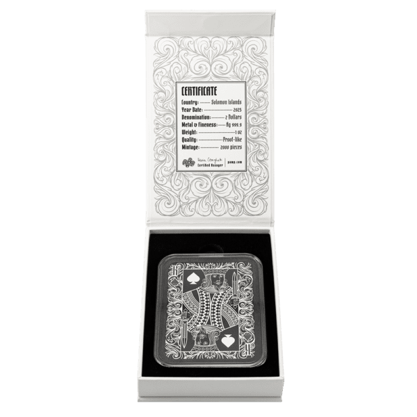 Open box for the 2025 Solomon Islands Royal Flush King of Spades 1 oz Silver Colorized Shaped Coin