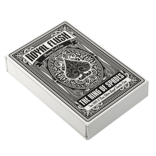 Side of the box for the 2025 Solomon Islands Royal Flush King of Spades 1 oz Silver Colorized Shaped Coin