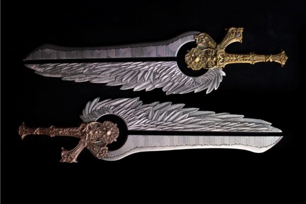 Side view zoomed in of both colors of the 2025 South Korea Angel Sword of the St. Uriel 2.5 oz Silver Gilded Bar.