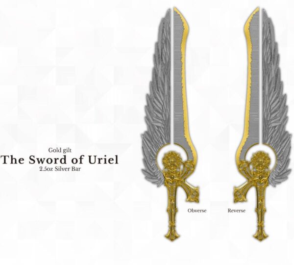 Both sides of the 2025 South Korea Angel Sword of the St. Uriel 2.5 oz Silver Yellow Gilded Bar.