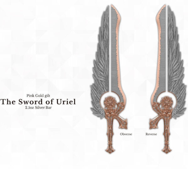 Both sides of the 2025 South Korea Angel Sword of the St. Uriel 2.5 oz Silver Rose Gilded Bar.