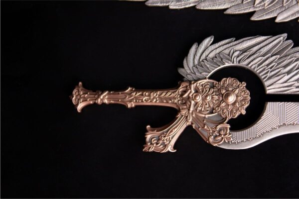 Zoomed view of the 2025 South Korea Angel Sword of the St. Uriel 2.5 oz Silver Rose Gilded Bar.