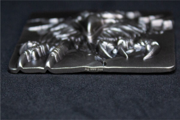 Side view showing purity of the Side of the 2025 South Korea Furious Beasts Eagle 2 oz Silver Antiqued Stacker.
