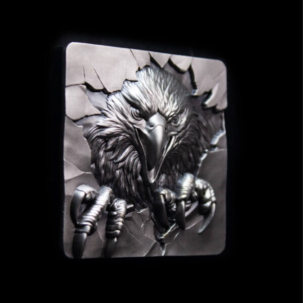 Side of the 2025 South Korea Furious Beasts Eagle 2 oz Silver Antiqued Stacker.