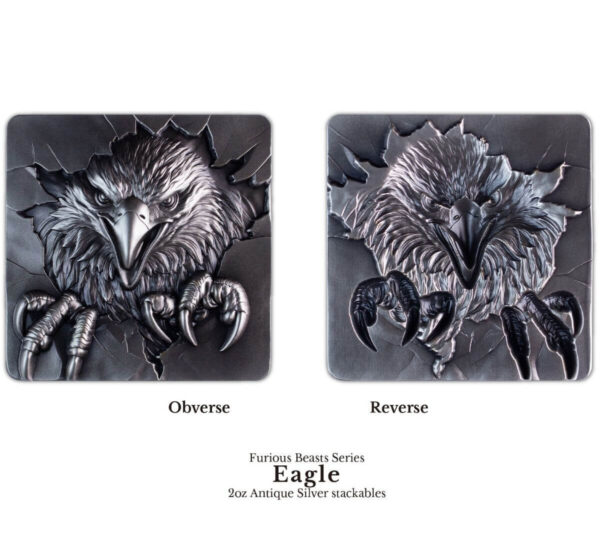 Front and back view of the Side of the 2025 South Korea Furious Beasts Eagle 2 oz Silver Antiqued Stacker.