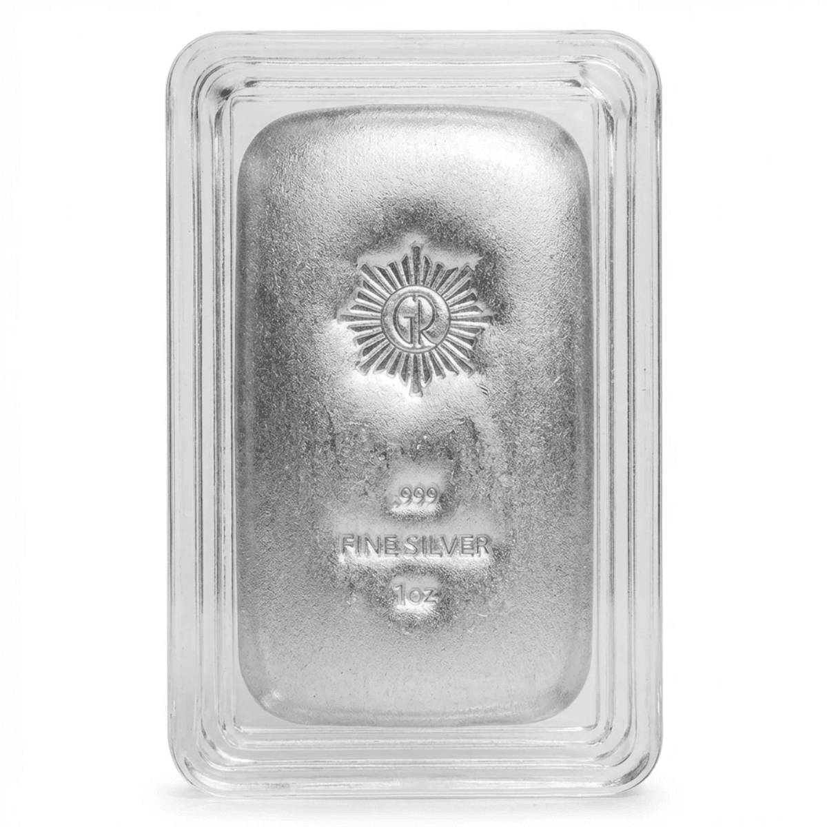 Shiny silver bar viewed from a top angle, 2023, minted by GR Reserve, 1oz weight, featuring a sleek design and fine.