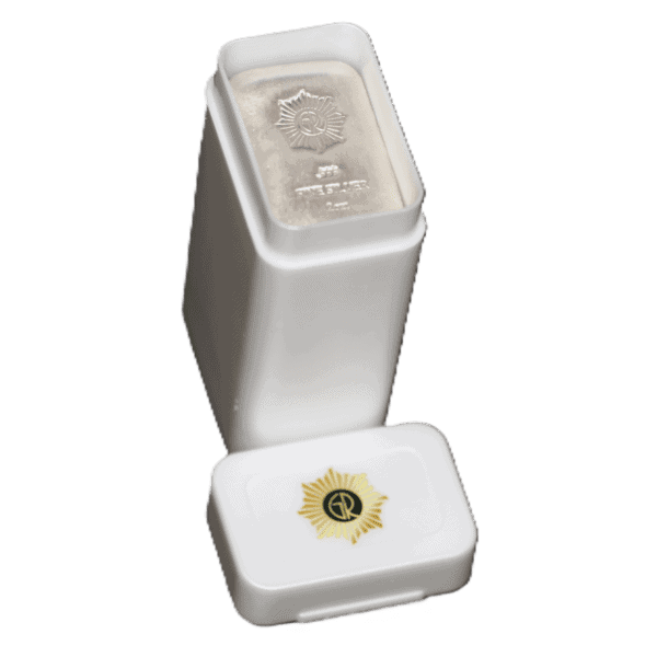 Side view of GR Reserve 2 oz Silver .999 Cast Bars in a Tube of 10