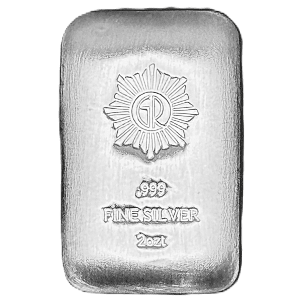 Front of a GR Reserve 2 oz Silver .999 Cast Bar.